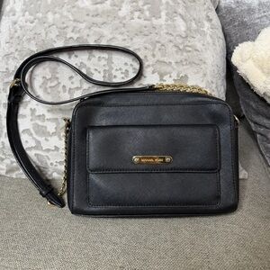 Michael Kors Black Saffiano Leather Crossbody Bag Gold Chain Strap